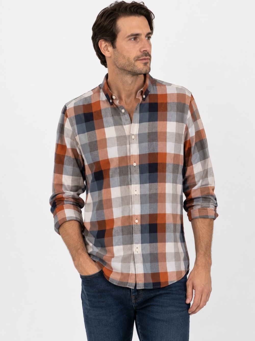 Jack & Jones Premium Men’s Plaid Button Down Shirt Orange Blue Size L
